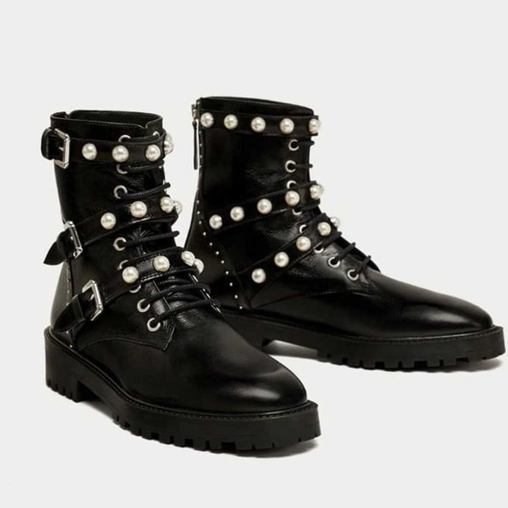 ZARA Leather Moto Faux Pearl Ankle Boots in Black… - image 12