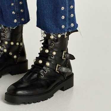 ZARA Leather Moto Faux Pearl Ankle Boots in Black… - image 1