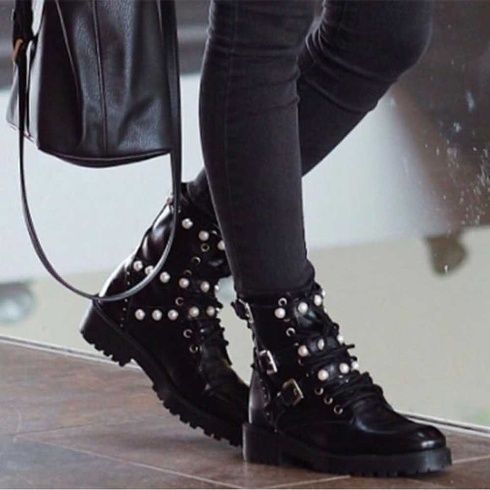 ZARA Leather Moto Faux Pearl Ankle Boots in Black… - image 2