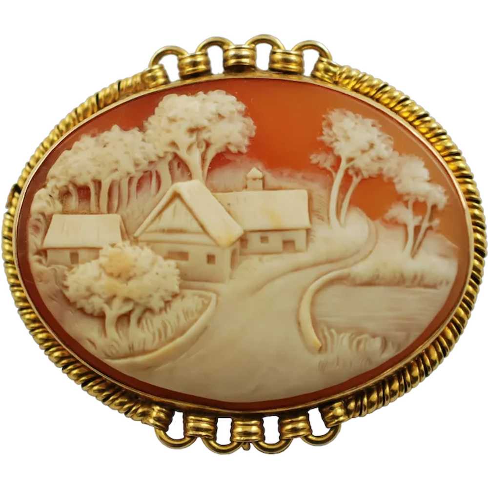 Antique Hand Carved Landscape Cameo Brooch Pin wi… - image 1