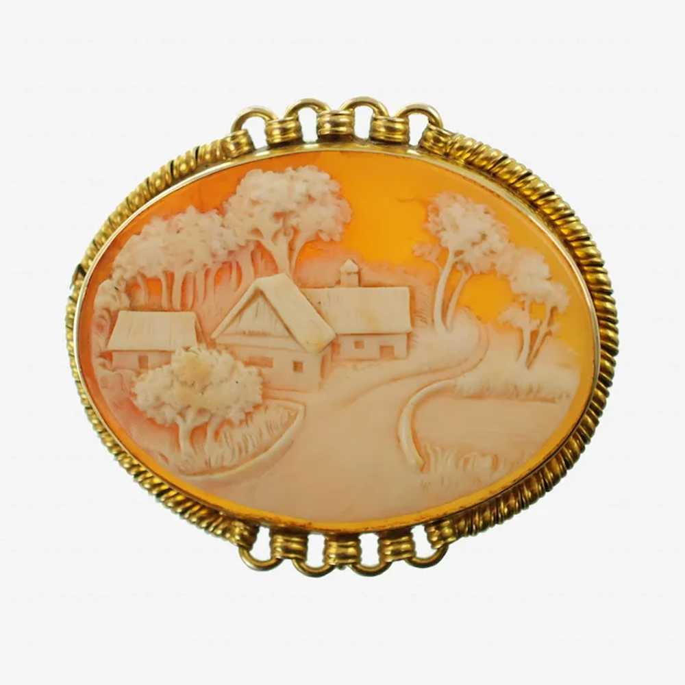 Antique Hand Carved Landscape Cameo Brooch Pin wi… - image 2