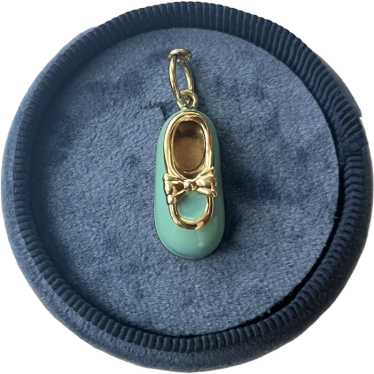 Vintage 14K Yellow Gold Enamel Baby Shoe Charm Pe… - image 1