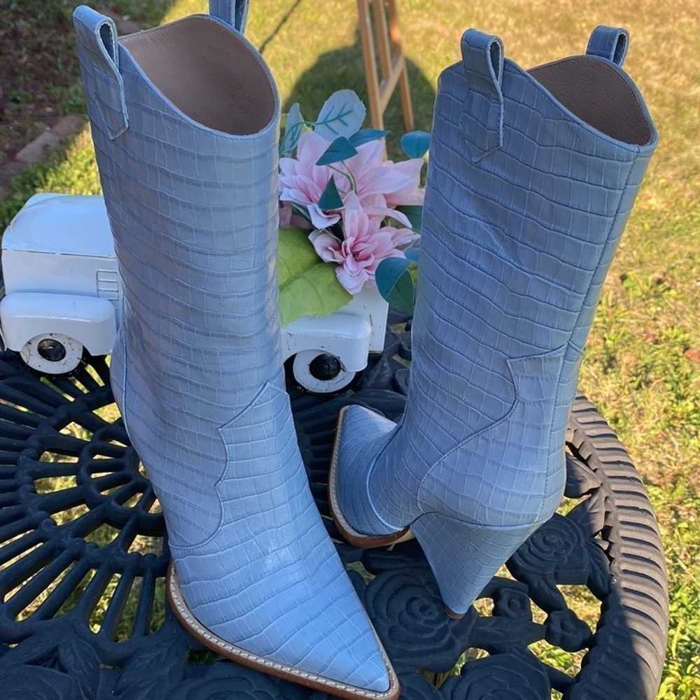 Light Blue Leather Mid-Calf Boots for Women by Al… - image 1