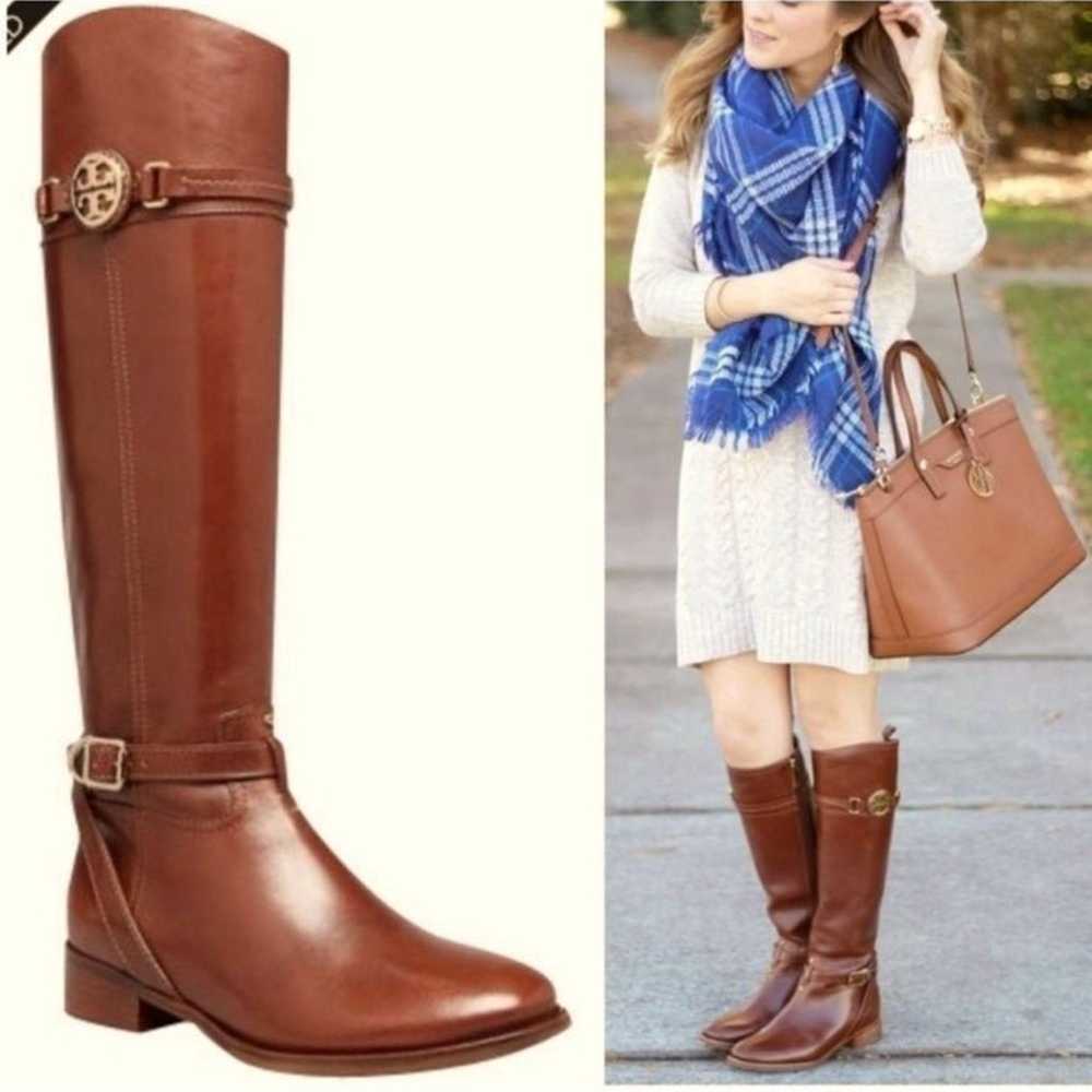 TORY BURCH  Calista Cognac logo riding boots  siz… - image 1