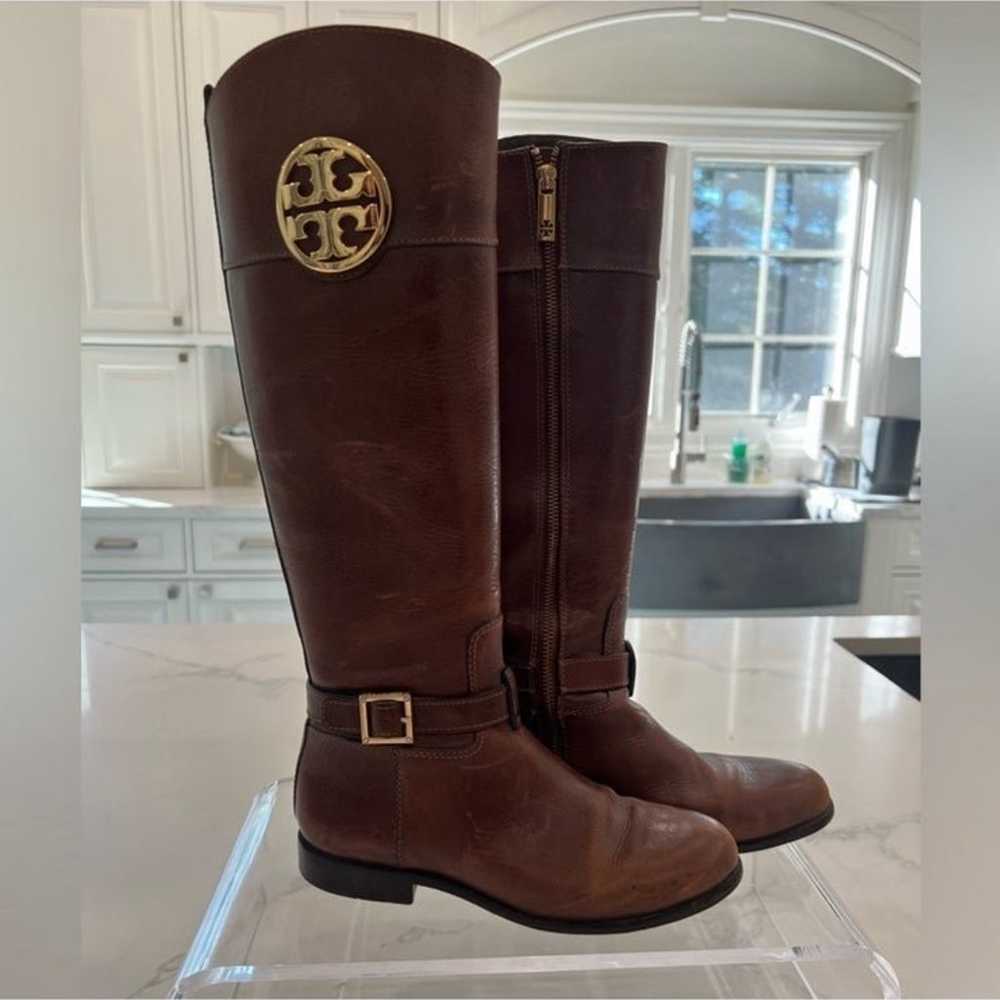 TORY BURCH  Calista Cognac logo riding boots  siz… - image 2