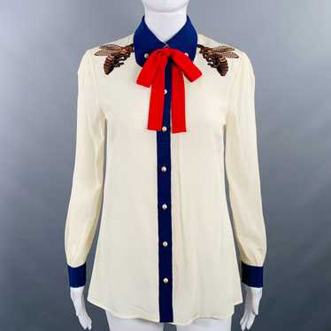 Gucci Cream Red Blue Silk Embellishment Pussybow … - image 1