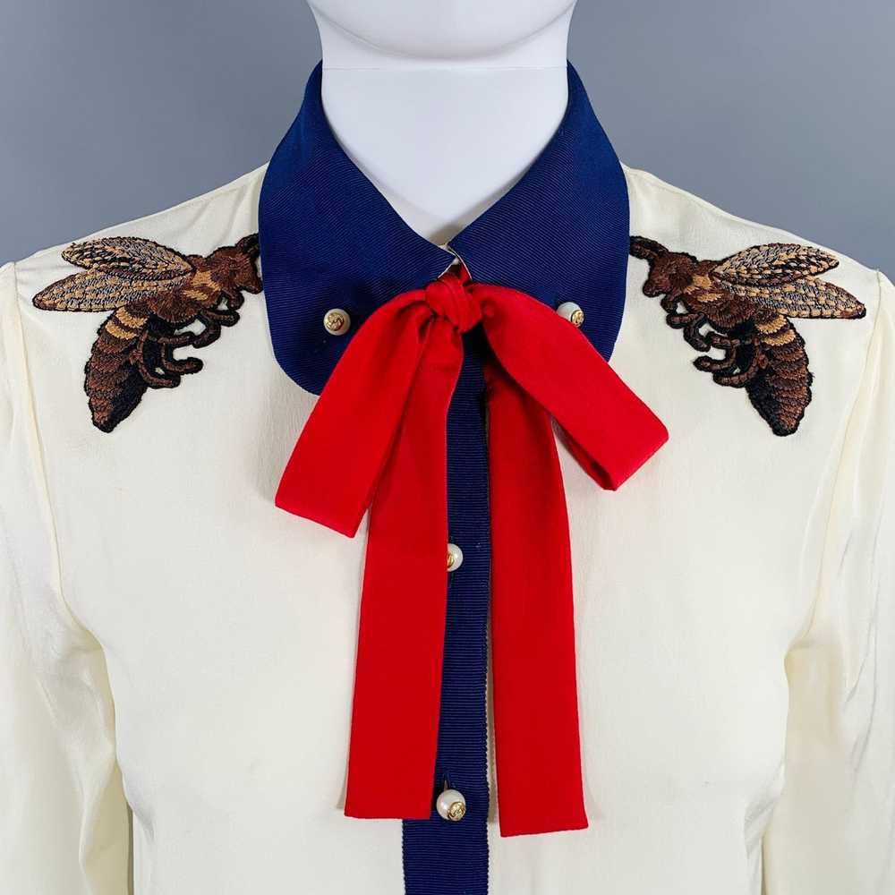 Gucci Cream Red Blue Silk Embellishment Pussybow … - image 2