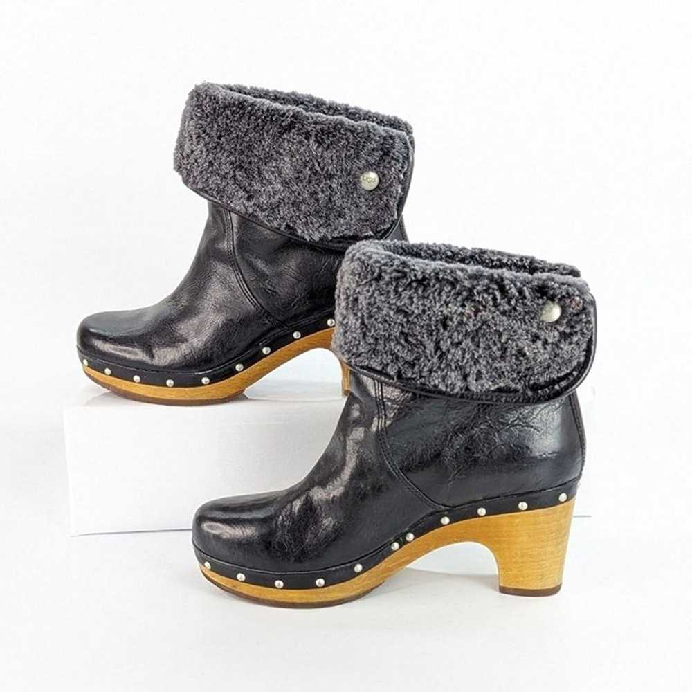 UGG Lynnea Black Leather Shearling Lined Wooden C… - image 2