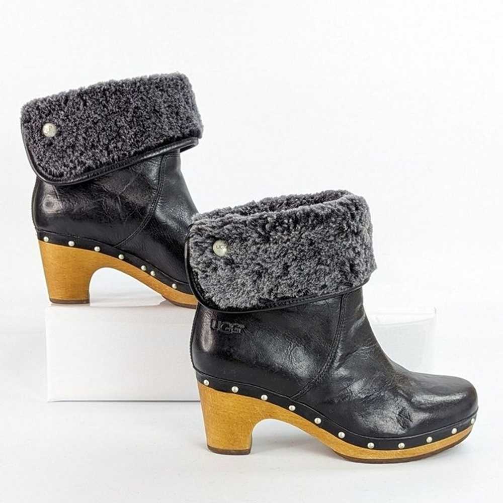 UGG Lynnea Black Leather Shearling Lined Wooden C… - image 3