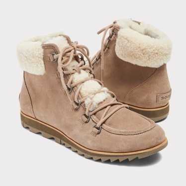 Sorel Harlow Lace Cozy Bootie Tan Suede Sherpa Si… - image 1