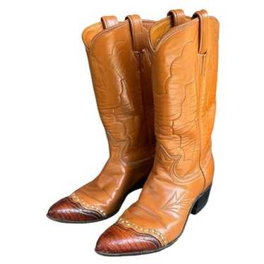 Tony Lama Chestnut Brown Leather Boots Lizard Toe… - image 1