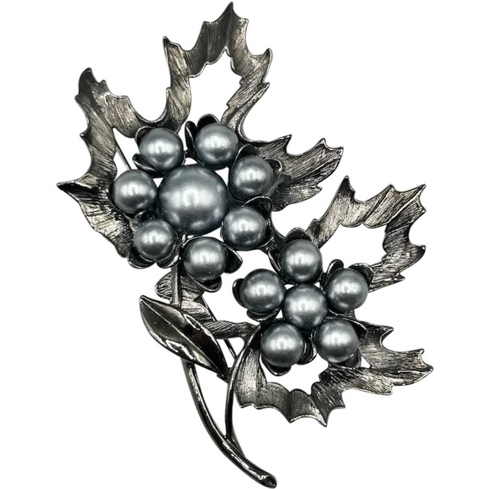 Vintage M. Jent Silver Tone Leaf Brooch With Faux… - image 1