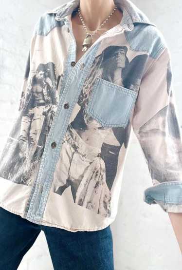 rare all over photo print denim chemise