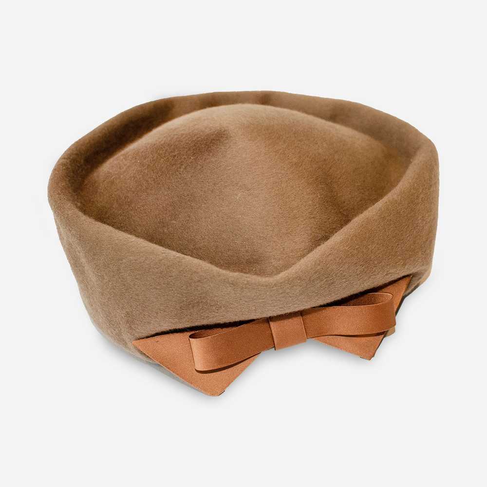 1950s Tan Pillbox Hat by Flo-Denis | Fab Large Bow - image 1