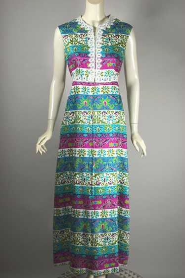 Floral stripe pink aqua cotton maxi late 1960s fro