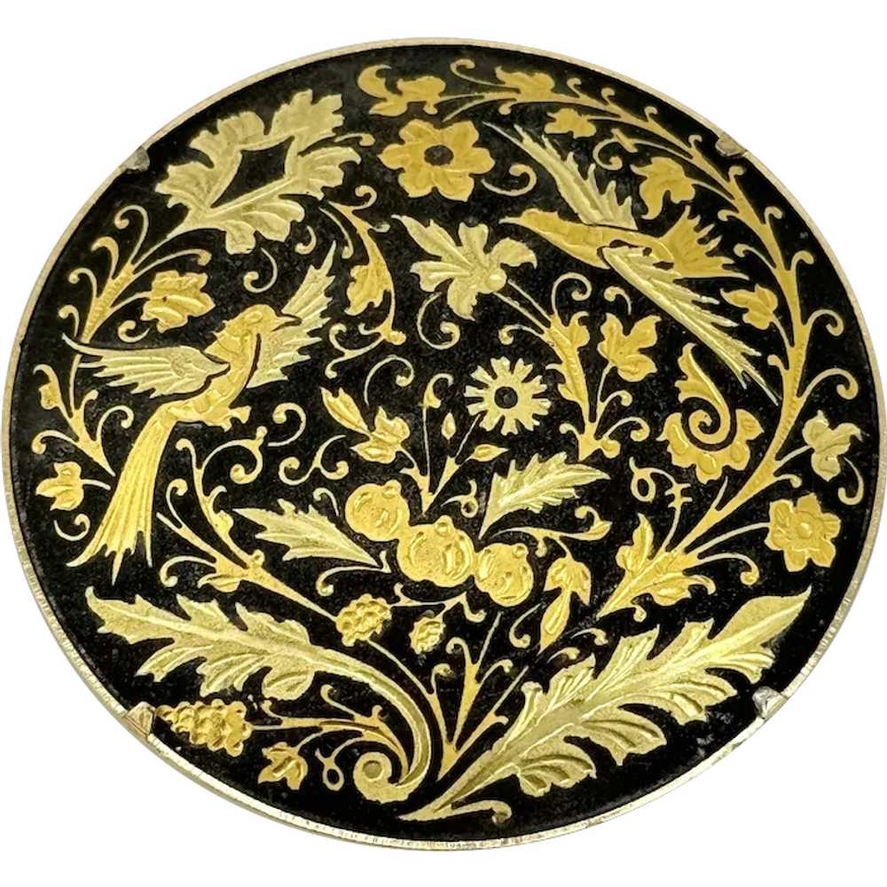 Vintage damascene black enamel brooch pin - image 1