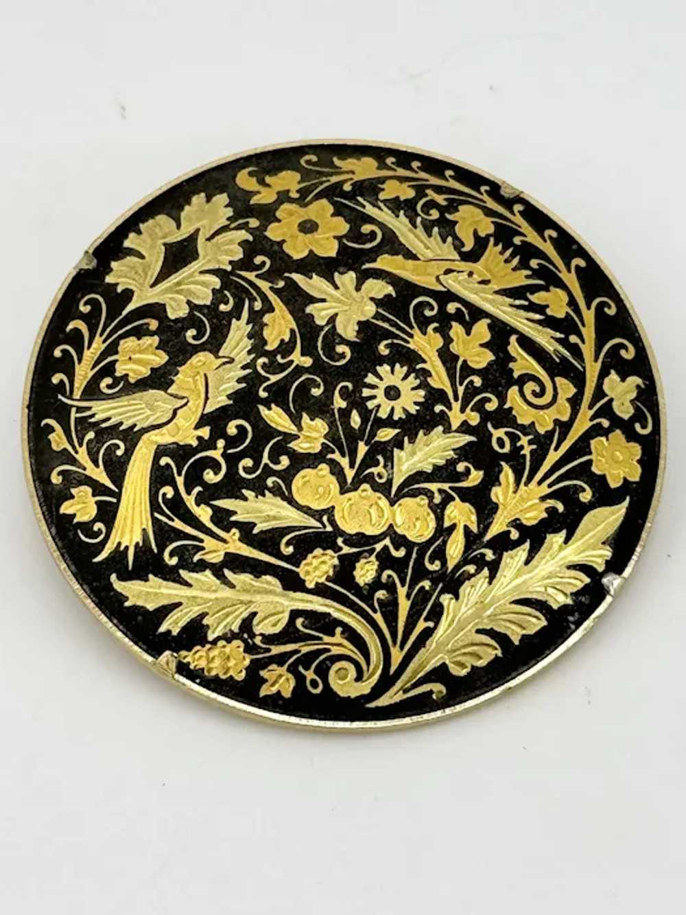 Vintage damascene black enamel brooch pin - image 2