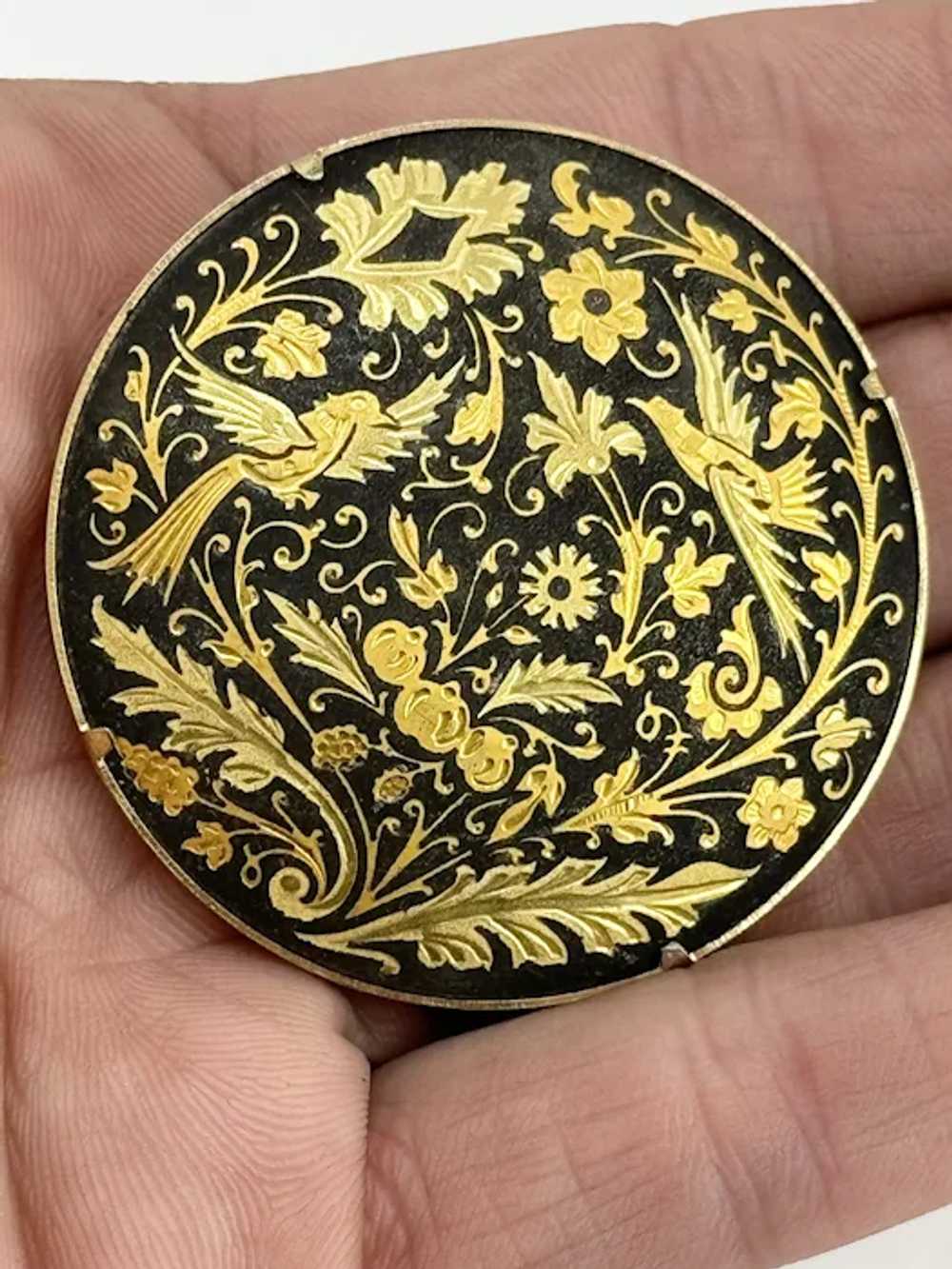 Vintage damascene black enamel brooch pin - image 3