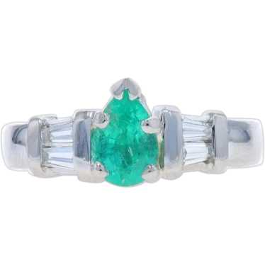 Platinum Emerald & Diamond Ring - Pear Cut .75ctw