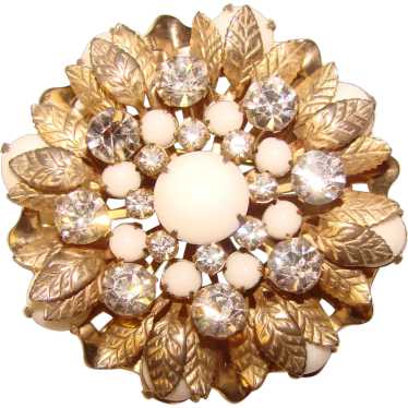 Fabulous Milk Glass & Rhinestone Vintage Brooch