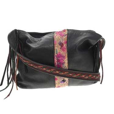 Handmade embroidered black leather Crossbody bag