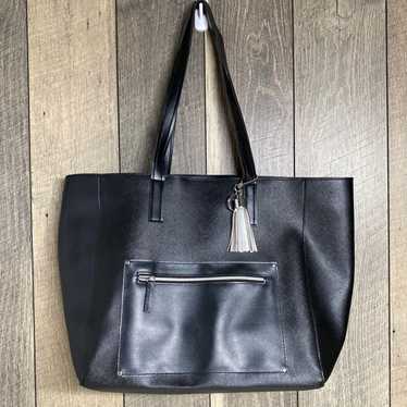 Brand Black Textured Faux Leather Tote