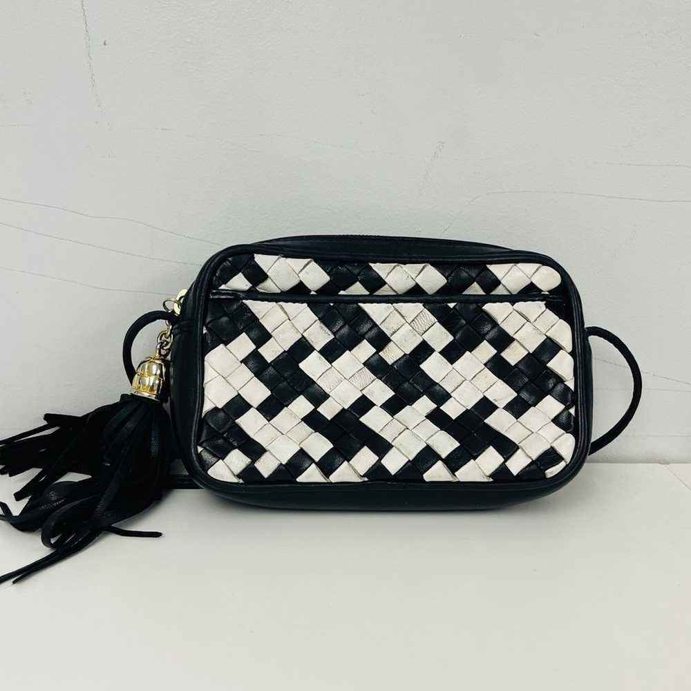 Small Black and White Woven Leather Crossbody Bag… - image 1