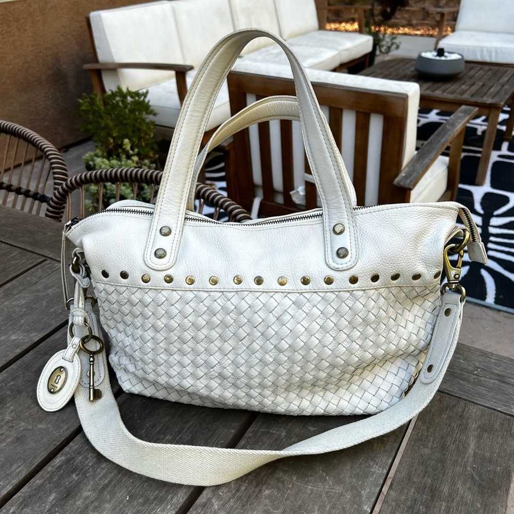 Fossil Woven White Leather Tote Bag with Removabl… - image 1