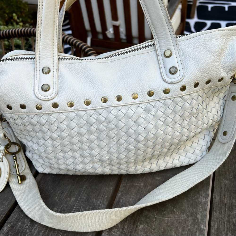 Fossil Woven White Leather Tote Bag with Removabl… - image 3