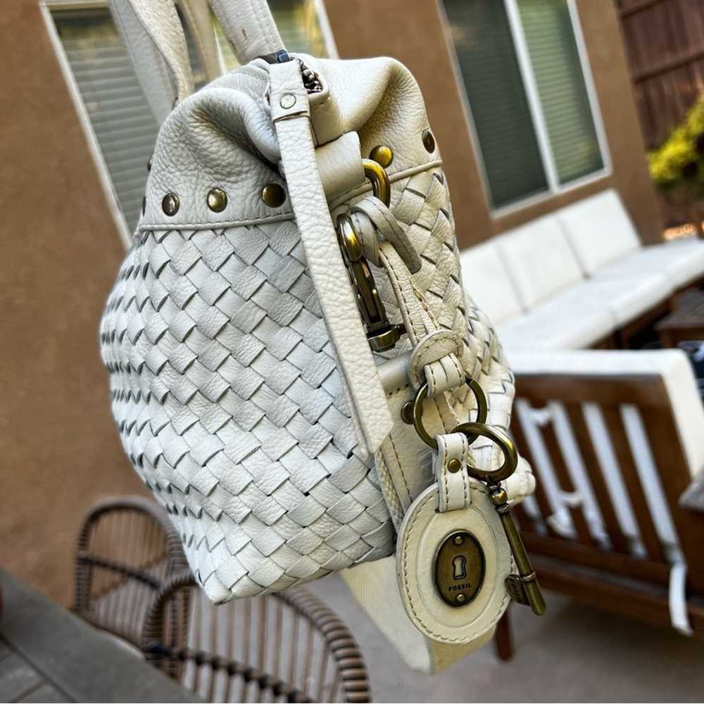 Fossil Woven White Leather Tote Bag with Removabl… - image 5