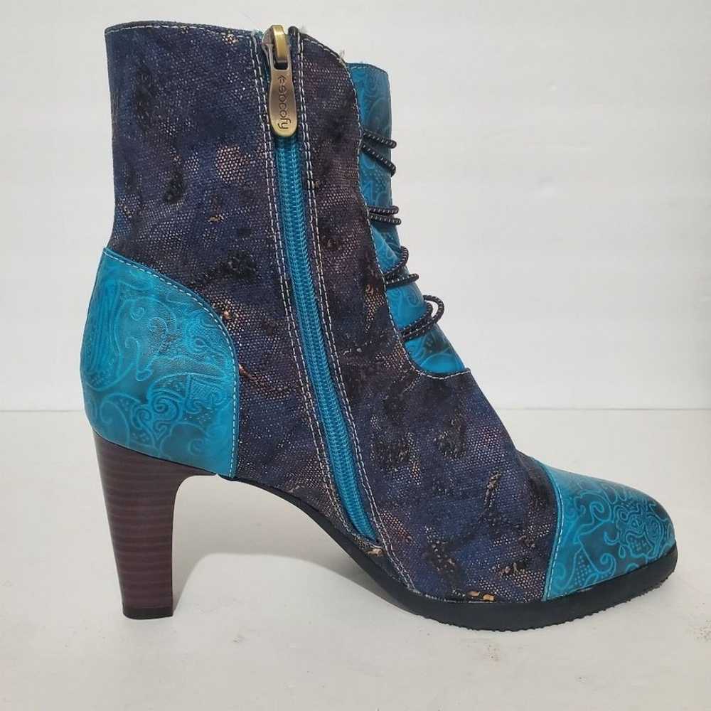 Socofy leather embossed turquoise denim gold Boho… - image 5