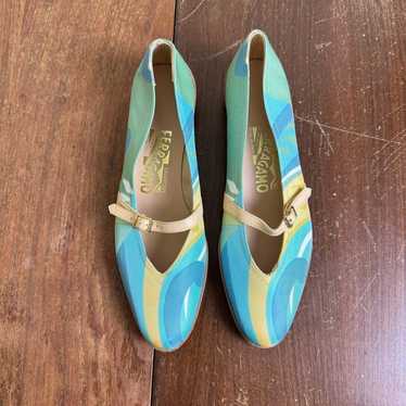 Salvatore Ferragamo Blue Green Canvas Printed Mar… - image 1