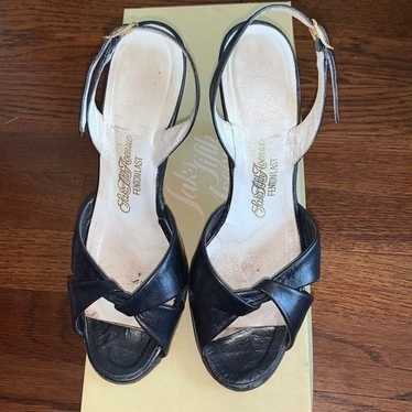 Vtg 70s Saks Fifth Avenue navy sandal heels - image 1