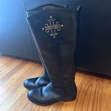 Tory Burch Kiernan Riding Boots Black Leather Gold