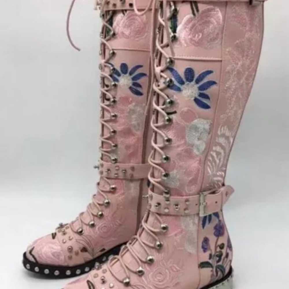 Knee High Boots Women Leather Print Flower Flat B… - image 1