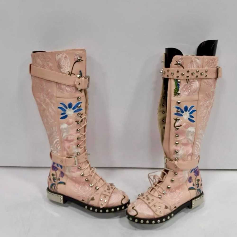 Knee High Boots Women Leather Print Flower Flat B… - image 2