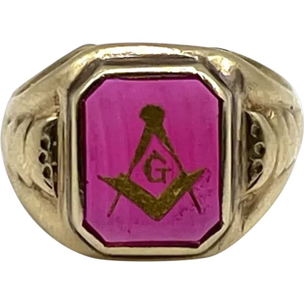 Vintage Masonic Synthetic Ruby Ring 10k Gold - image 1