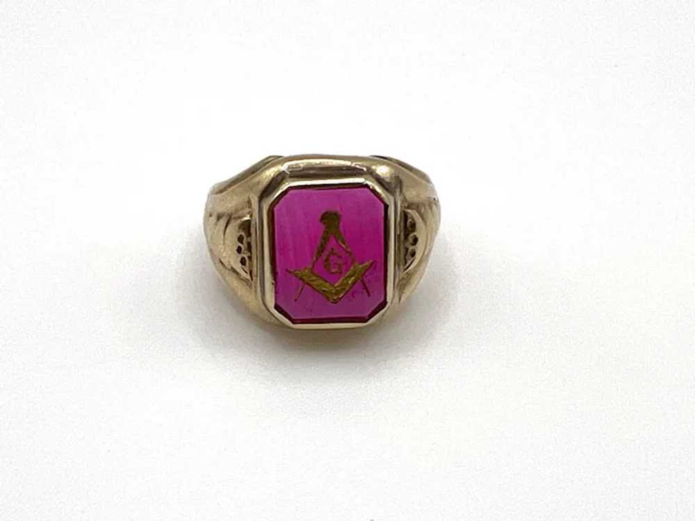 Vintage Masonic Synthetic Ruby Ring 10k Gold - image 3