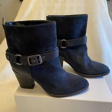 Navy suede Aquatalia moto ankle heeled boots size 