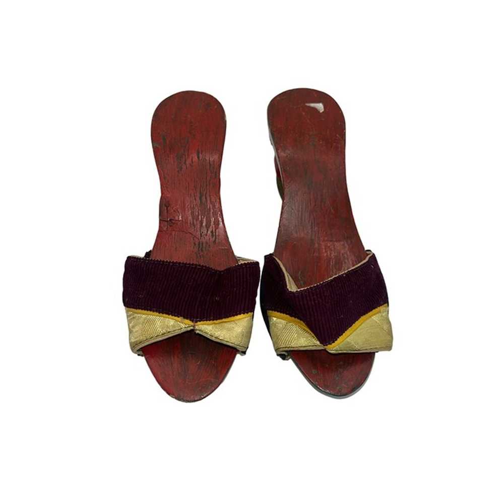 Vintage Asian Wooden Platform Sandals With Purple… - image 10