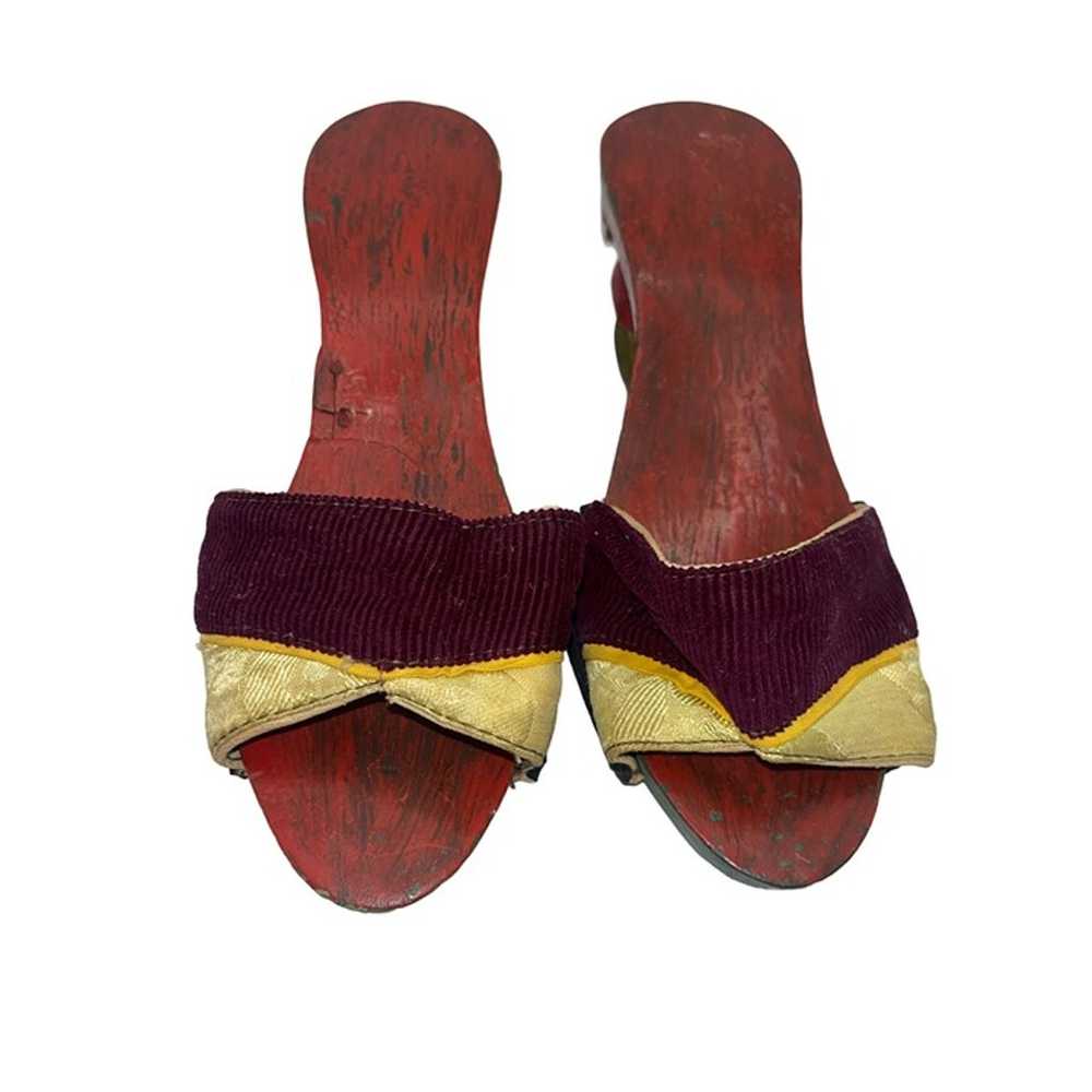 Vintage Asian Wooden Platform Sandals With Purple… - image 1