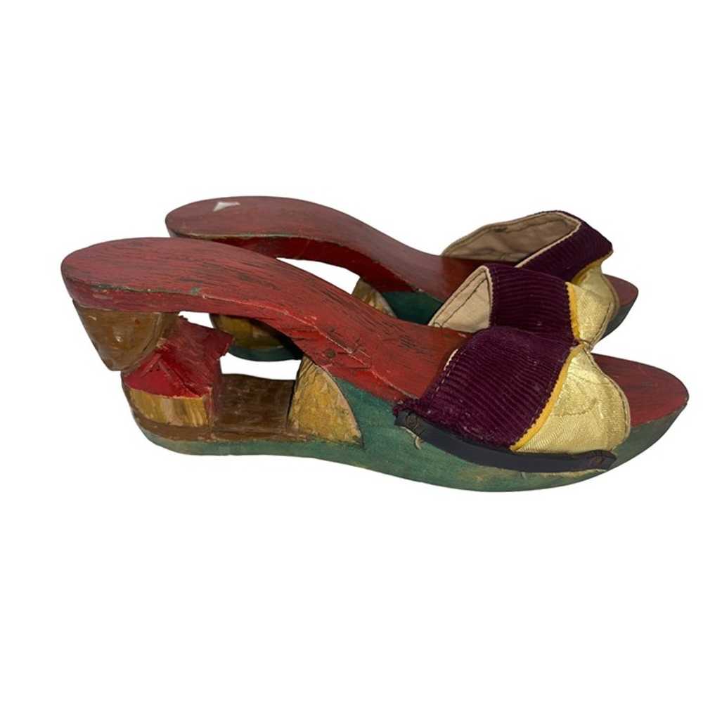 Vintage Asian Wooden Platform Sandals With Purple… - image 2