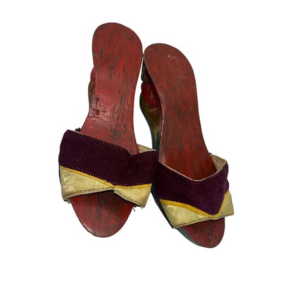 Vintage Asian Wooden Platform Sandals With Purple… - image 5