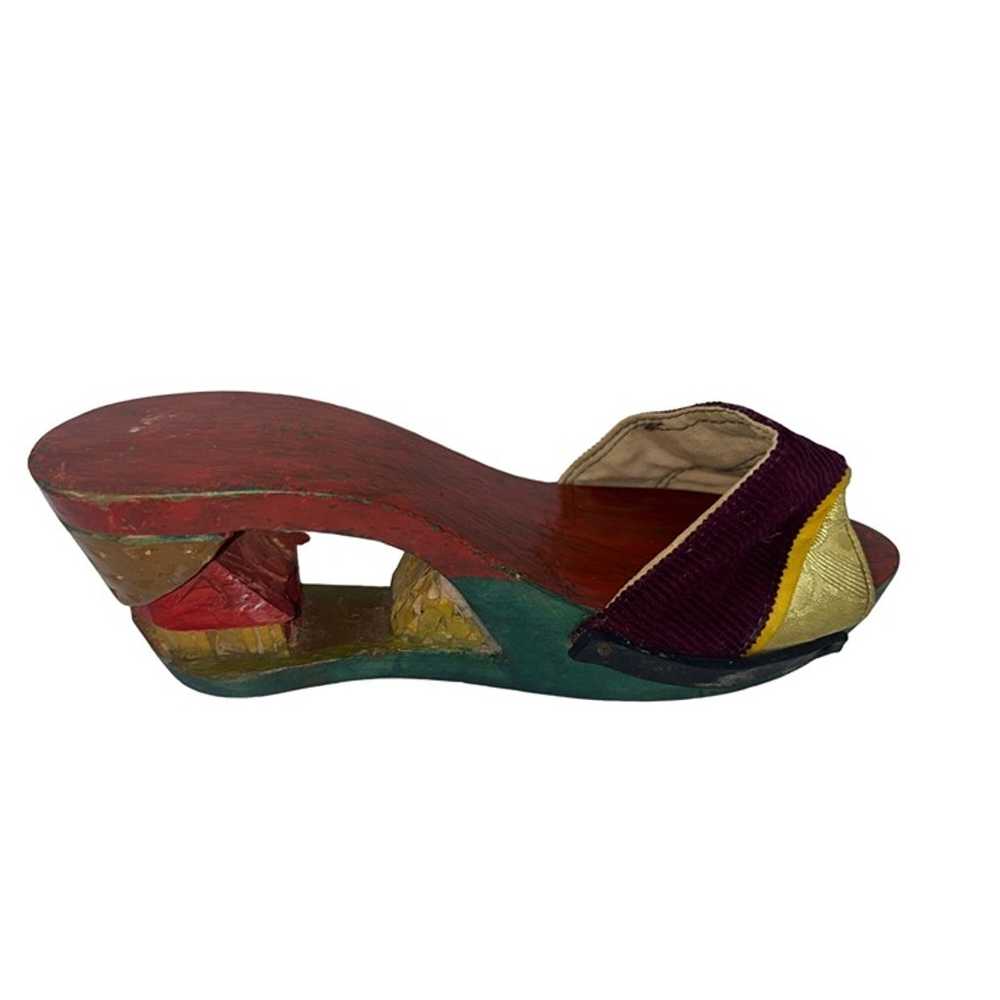 Vintage Asian Wooden Platform Sandals With Purple… - image 6