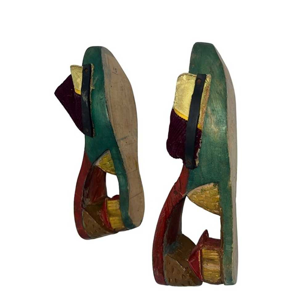 Vintage Asian Wooden Platform Sandals With Purple… - image 7