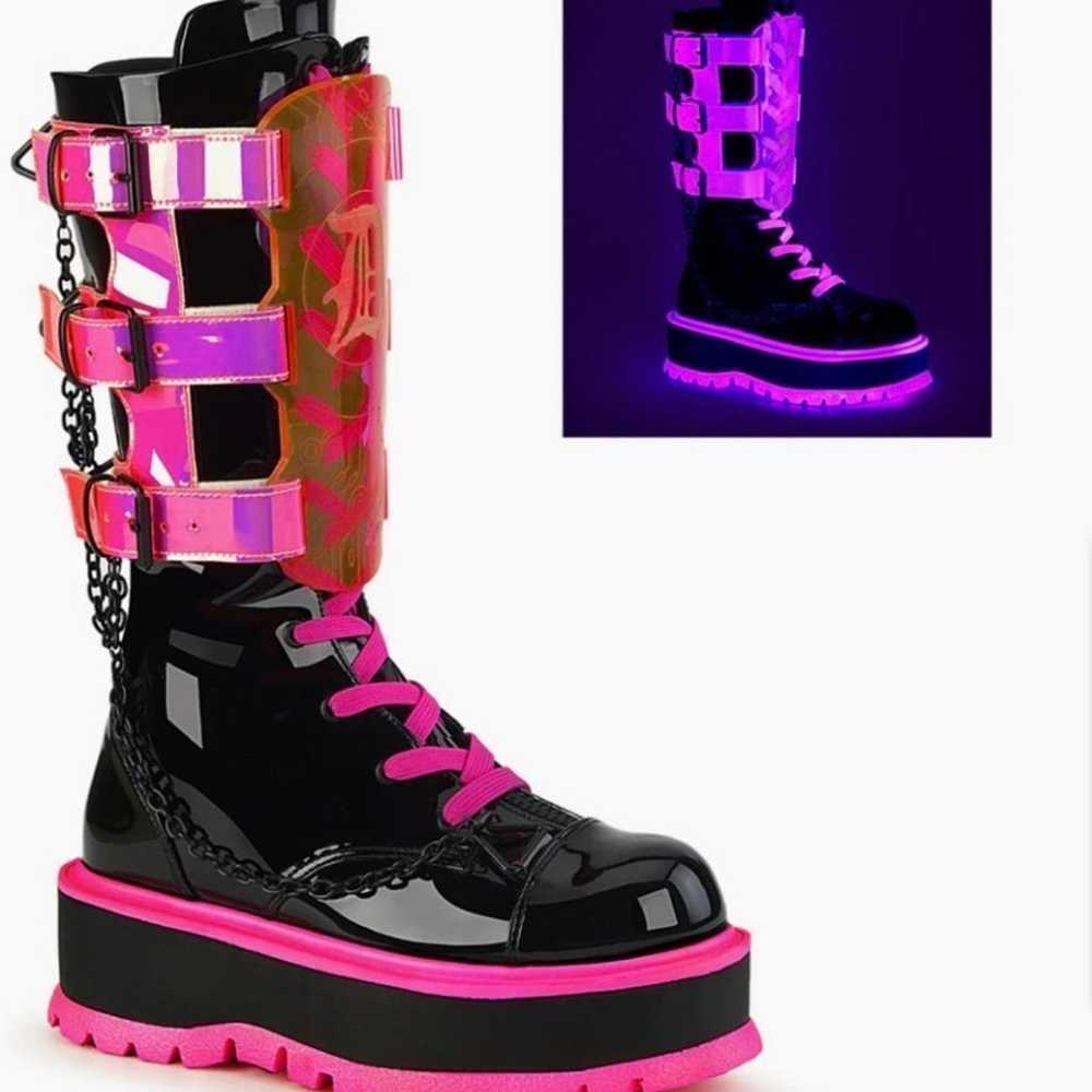 Dolls Kill Demonia Neon Pink Boots w/Chains GLOW … - image 11