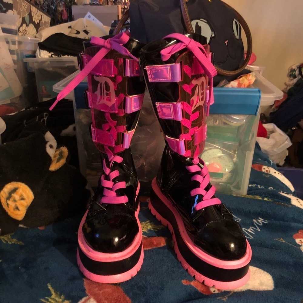 Dolls Kill Demonia Neon Pink Boots w/Chains GLOW … - image 1