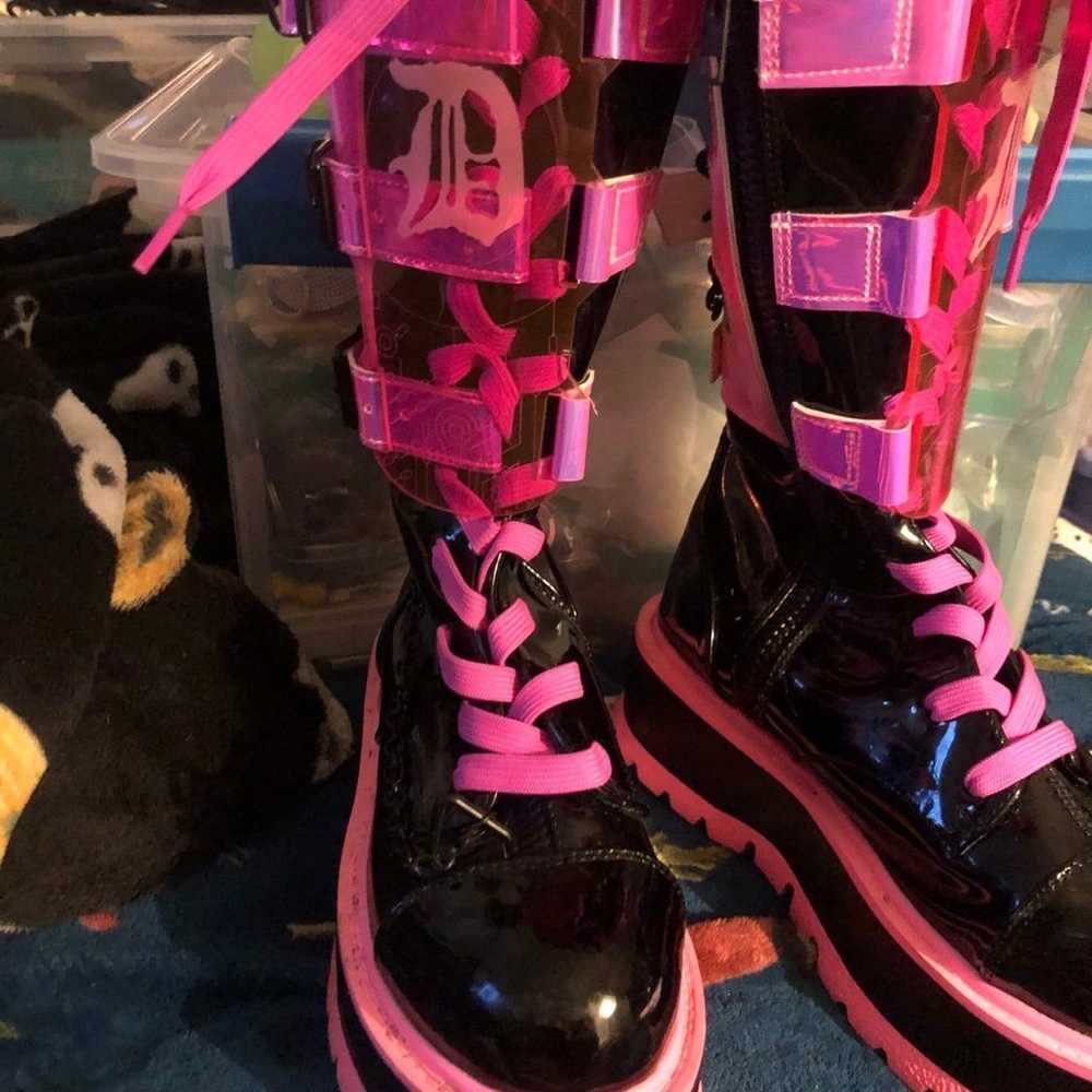 Dolls Kill Demonia Neon Pink Boots w/Chains GLOW … - image 2