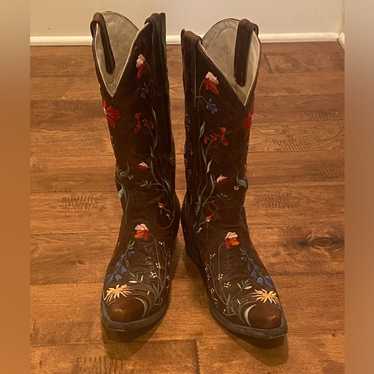 Lane Fine Boots Embroidered Snip Toe Brown Cowboy… - image 1