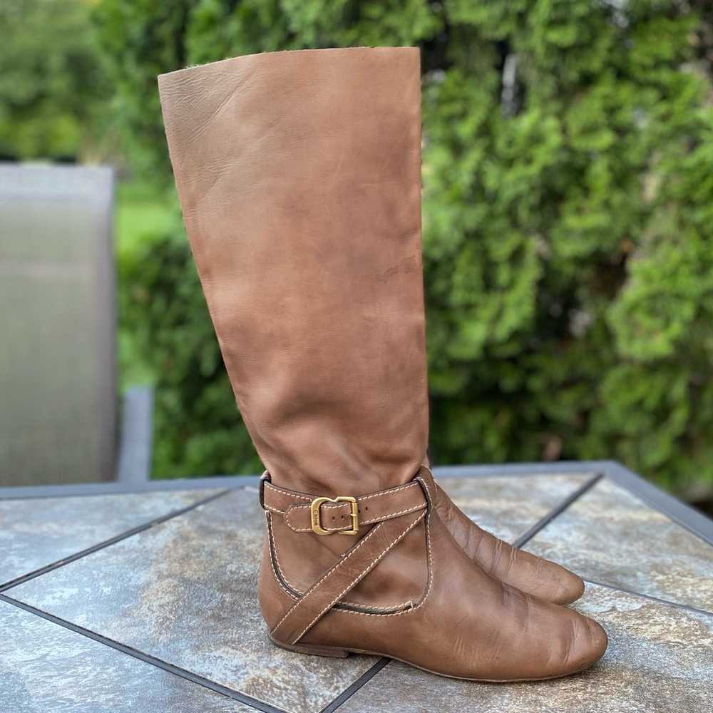 Chloe Tan Knee High Leather Riding Boots Mid Calf… - image 3